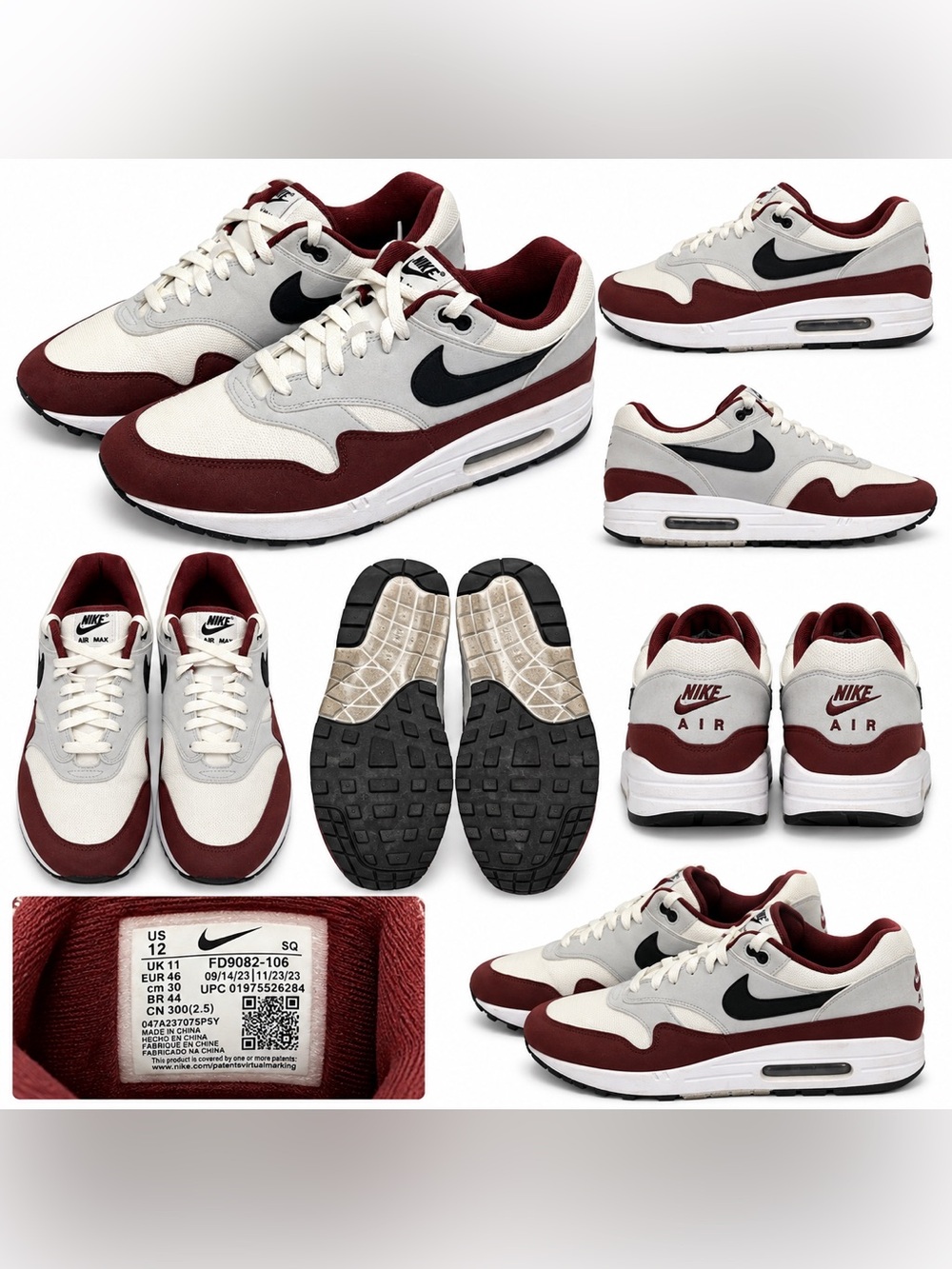 Nike Air Max 1 Men’s Size 12 Sail Burgundy Black Sneakers Casual Shoes